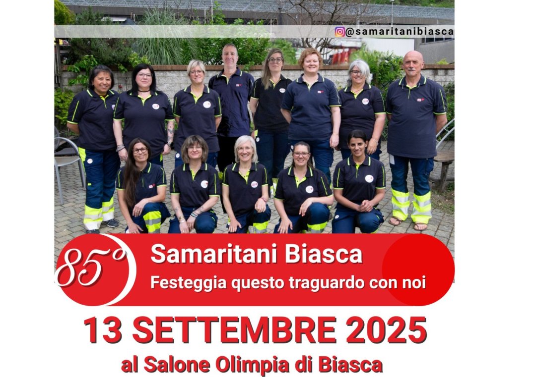 foto di gruppo dei sammaritani attivi 2025 e striscia annuncio 85esimo samaritani biasca